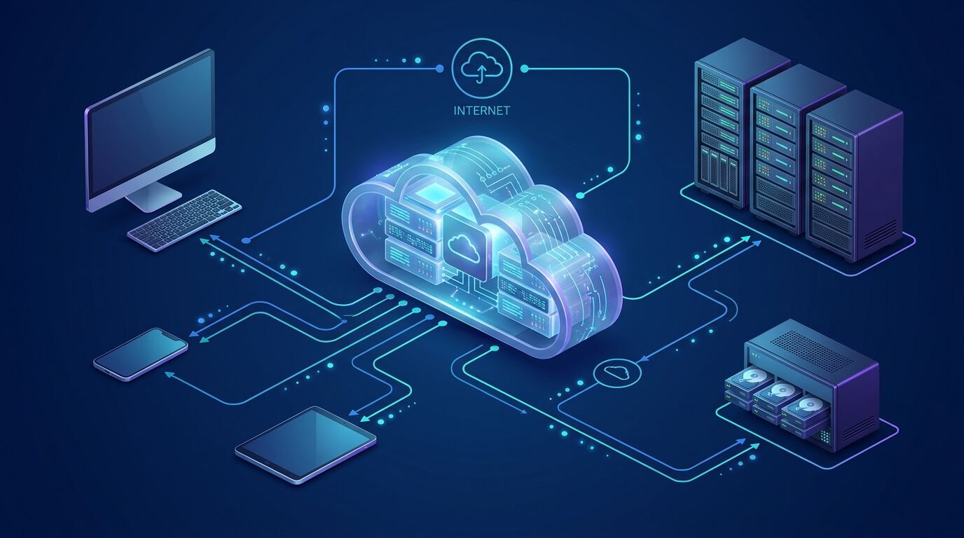 Cloud computing architecture illustrating connected infrastructure and cloud resources