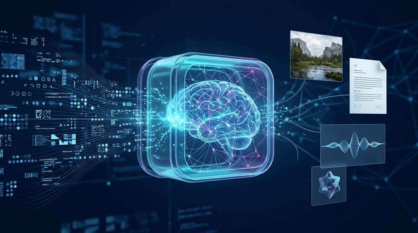 Illustration of generative AI transforming digital patterns into new content